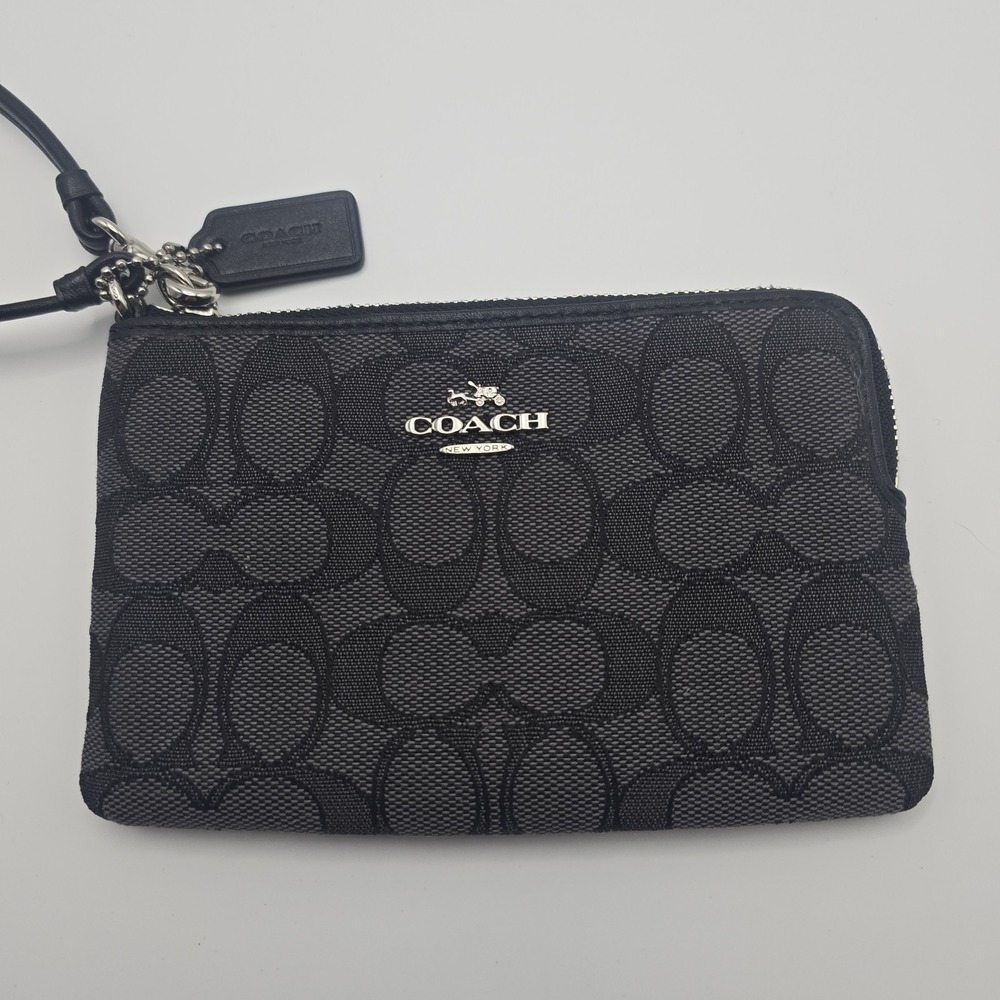 Coach Corner Zip Wristlet Black Signature Jacquard Canvas Leather Strap Pouch